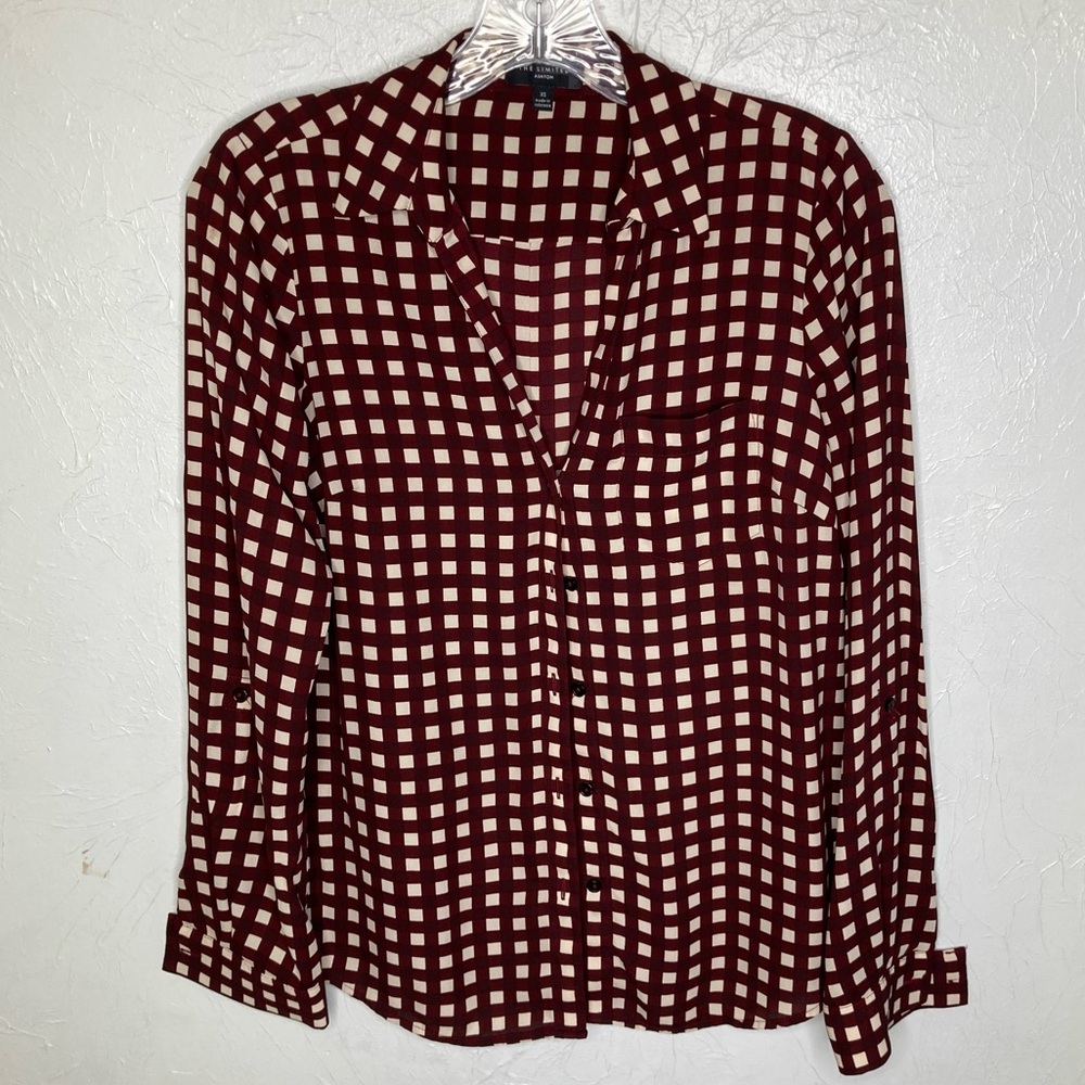 The Limited Ashton Button Up Blouse Burgundy Red Cream Size:XS  Roll Tab Sleeve